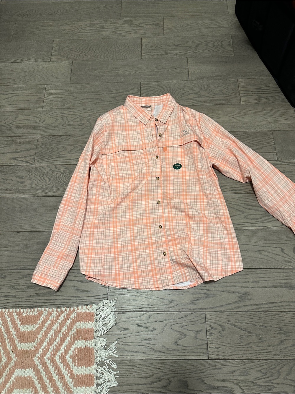 L.L. Bean women Peach and White Plaid Button-Down Shirt